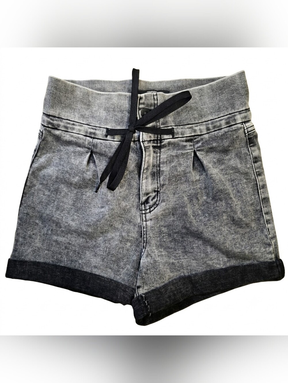 Rewash High-Waist Washed Gray Shorts with Black Drawstring Detail